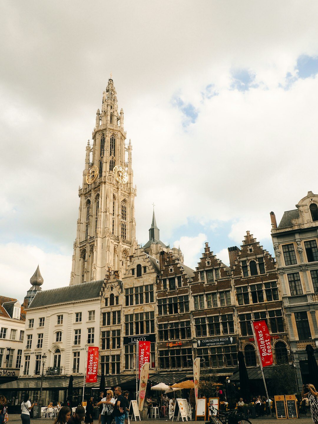 Gothic cathedral spire towering over Antwerp's old town