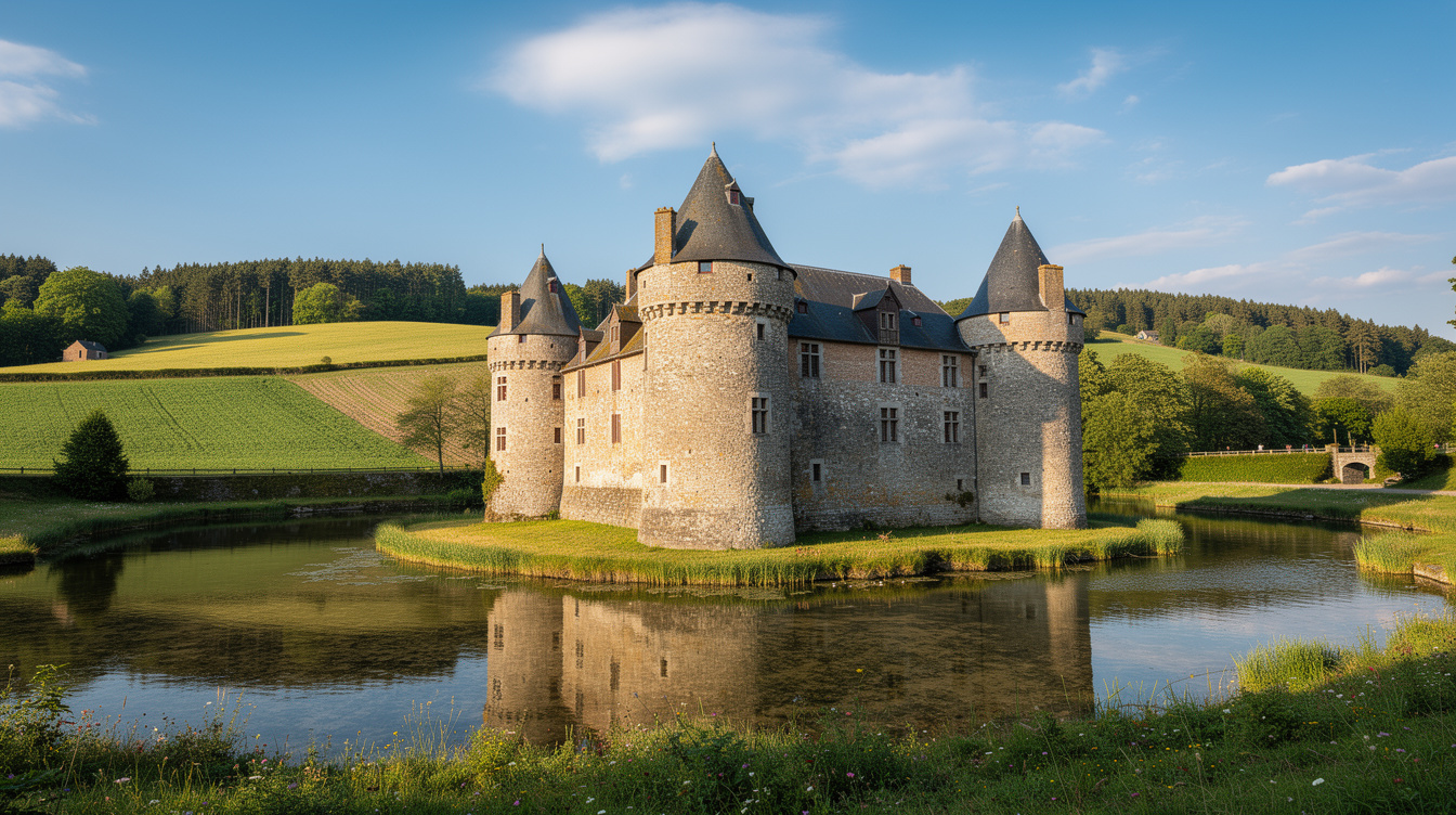 Historic castle surrounded by green countryside in Belgium