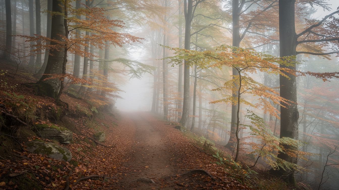 Hiking trail through misty autumn forest in the Belgian Ardennes